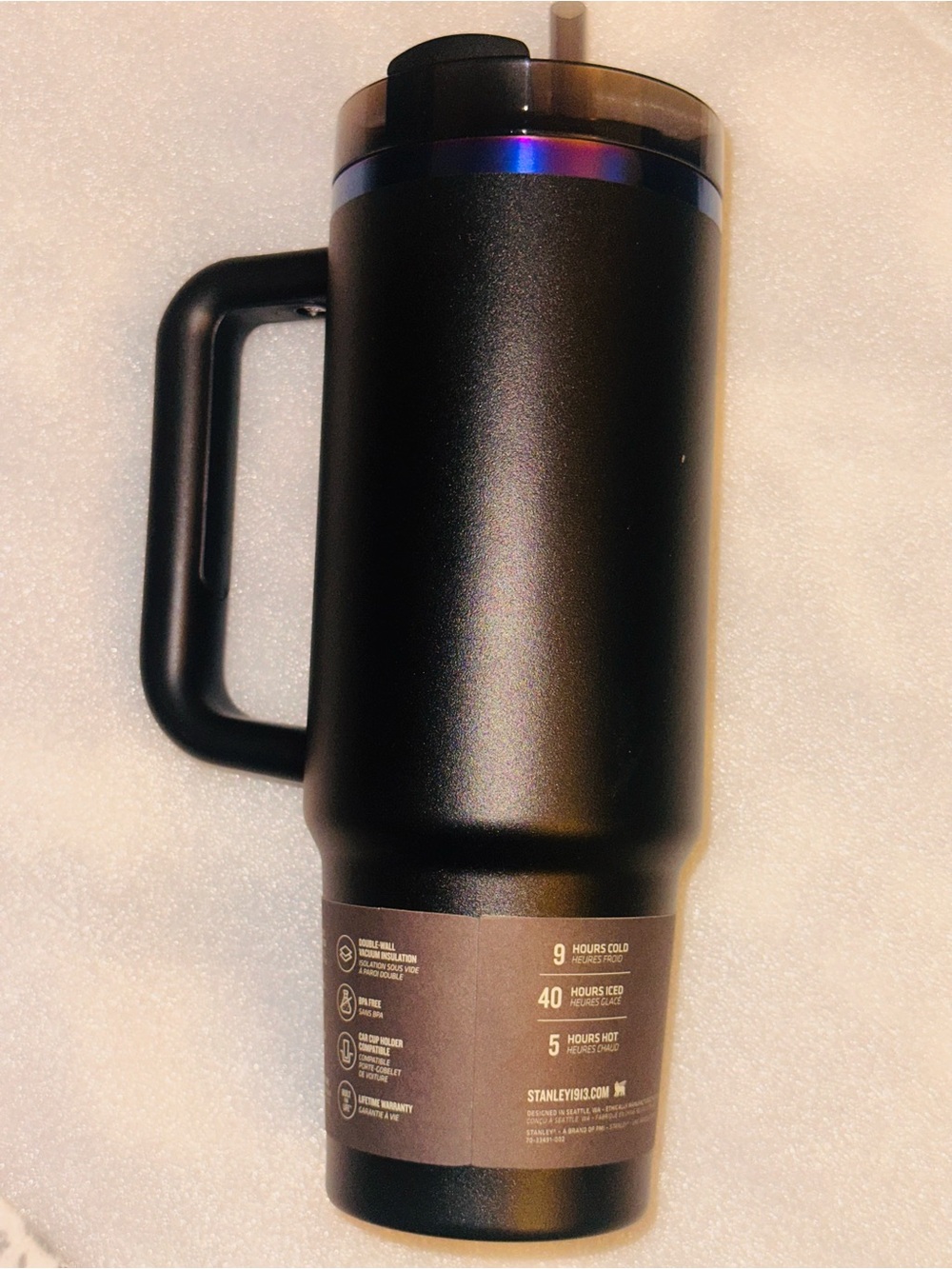 Stanley Black Tumbler with Iridescent Blue-Purple Trim - Picture 2 of 8